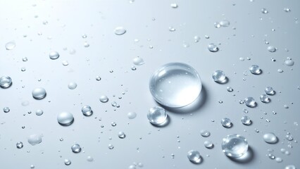 The image features clear water droplets on a smooth surface, reflecting light and creating a serene, tranquil atmosphere.