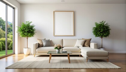 Modern living room interior design with bright natural light, comfortable sofa, plants and blank frame for your message, perfect for lifestyle campaigns