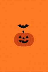 Minimalist vector illustration of a jack-o'-lantern with bat on an orange background, perfect for phone wallpaper, featuring clean lines, flat colors, and subtle shadows.