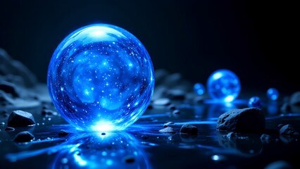 A glowing blue orb reflecting stars in a dark, serene environment, surrounded by smooth rocks and water, creating a captivating cosmic scene.
