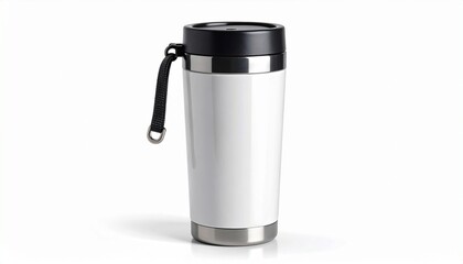 Stainless steel travel mug with black lid and grip—sleek cylindrical form and carry strap—set against clean backdrop—evokes crafted mobility, symbolic containment, and the rhythm of utility, motion, a
