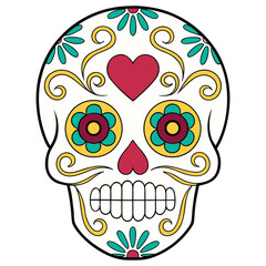 Dia de Muertos Skull Illustration with Heart Eye Sockets