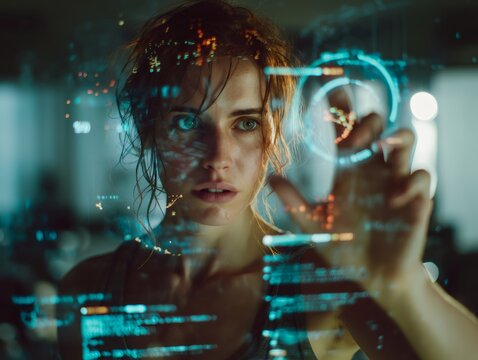 Woman interacting with futuristic hologram interface with data