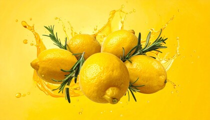 Five fresh yellow lemons with droplets rest on yellow surface—sprigs of rosemary add green contrast—evokes crafted freshness, symbolic zest, and the rhythm of nature, flavor, and vibrant simplicity.