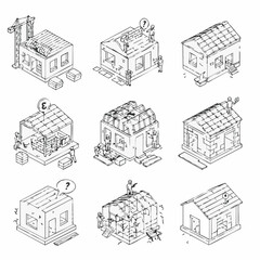 Fototapeta premium An illustrative grid showcases various stages of house construction, renovation, and conceptual planning, highlighting the complex process of home development.