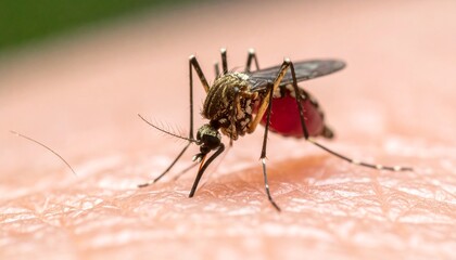 Naklejka premium Close-up of mosquito feeding on human skin—proboscis inserted, abdomen engorged—set against soft green blur—evokes crafted tension, symbolic parasitism, and the rhythm of vulnerability, biology, and d