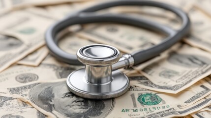 Stethoscope on Dollar Bills Representing the Intersection of Healthcare Costs, Financial Concerns, and Medical Expenses in Modern Society