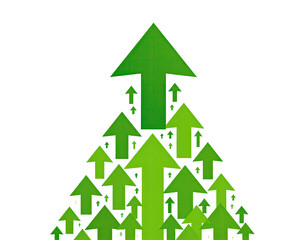 Green upward arrows forming a pyramid shape against a black background