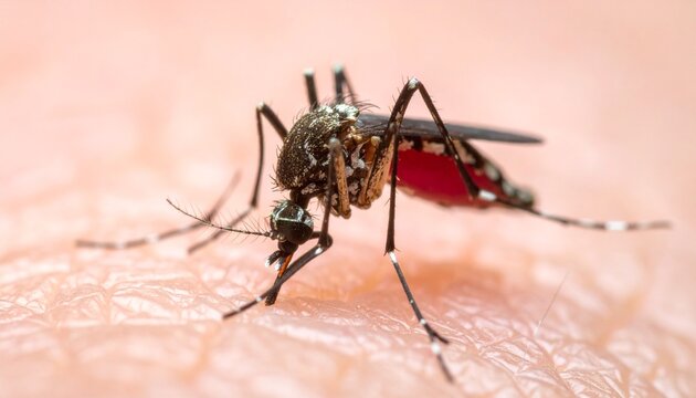 Close-up of mosquito feeding on human skin&mdash;proboscis inserted, abdomen engorged&mdash;set against soft green blur&mdash;evokes crafted tension, symbolic parasitism, and the rhythm of vulnerability, biology, and d