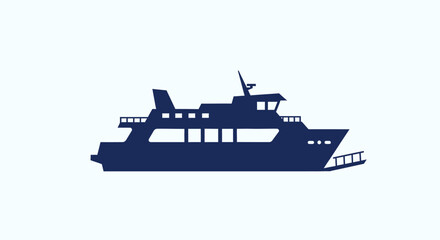 Obraz premium Flat Design Navy Blue Ferry Boat Silhouette with Visible Windows and Front Ramp