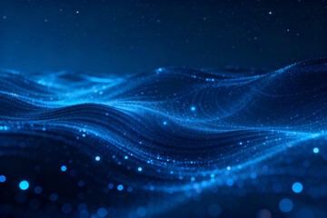 Abstract blue wave pattern with glowing particles and starry background