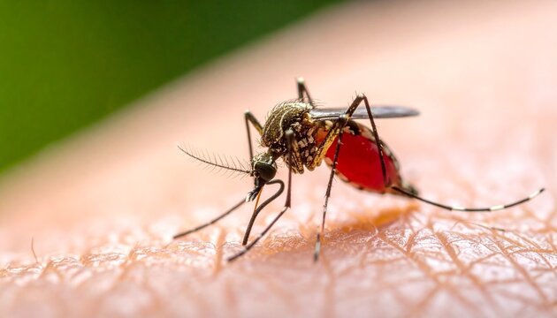 Close-up of mosquito feeding on human skin—proboscis inserted, abdomen engorged—set against soft green blur—evokes crafted tension, symbolic parasitism, and the rhythm of vulnerability, biology, and d