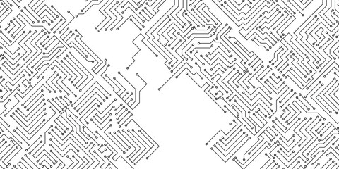 Circuit board vector background. Black and white printed circuit board seamless background