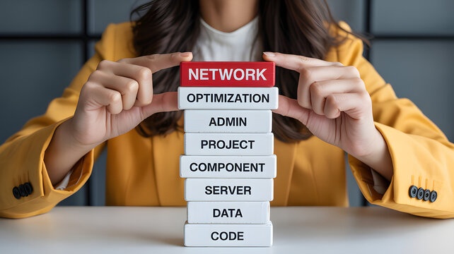 Businesswoman builds network stack with optimization, admin, project, server, data, code