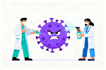 Medical professionals combat a virus with a syringe and disinfectant spray in a cartoon illustration