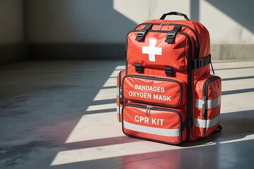 Red First Aid Backpack with CPR Kit and Oxygen Mask Labels on a Concrete Floor Keywords: first aid kit, medical bag, emergency kit, trauma bag, survival kit, medical supplies, health, safety