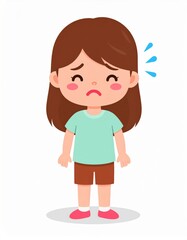 A sad cartoon girl stands with a worried expression, depicting feelings of anxiety or distress in a colorful, simplistic style.
