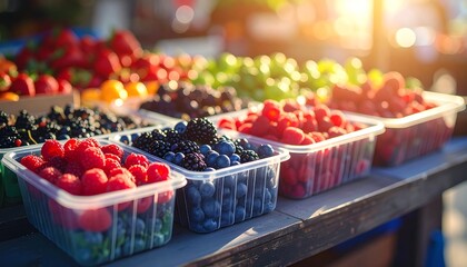 Colorful berries in plastic containers at a market, bathed in warm sunlight