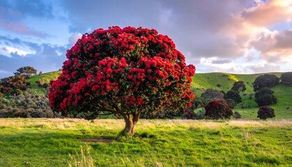 Fototapeta premium Vibrant red flowering tree in a grassy landscape at sunset