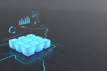 Digital data cubes connected with glowing lines and analytical charts in a futuristic interface