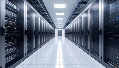 Long corridor lined with server racks, reflecting bright lights and a distant doorway. Clean lines and metallic tones dominate