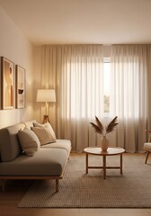 Serene interior design, modern apartment with neutral colors and soft light