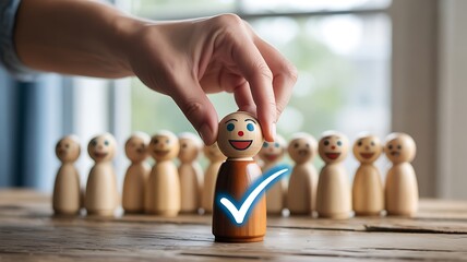 Hand selecting wooden figure with check mark, choosing best candidate