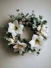 Elegant white amaryllis and fresh green eucalyptus leaves garland hanging on a plain neutral wall, minimalist holiday decoration concept, creating a peaceful and tranquil atmosphere