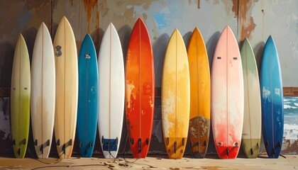 Five upright surfboards with varied designs—set against light wall in clean row—evokes crafted individuality, symbolic motion, and the rhythm of surf culture, balance, and expressive form.