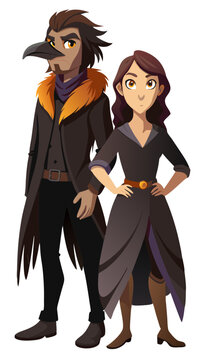 A stylized portrait of a bird man and a young woman standing together