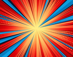 Dynamic radial burst of red, orange, and blue lines emanating from a bright center, punctuated by halftone dots