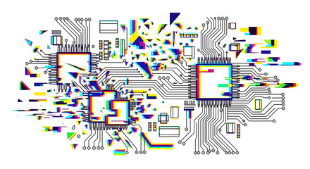 Intricate abstract digital circuit board illustration featuring multiple interconnected microchips with a modern, dynamic glitch effect, symbolizing technological complexity and data disruption