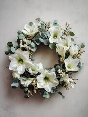 Elegant white amaryllis and fresh green eucalyptus leaves garland hanging on a plain neutral wall, minimalist holiday decoration concept, creating a peaceful and tranquil atmosphere