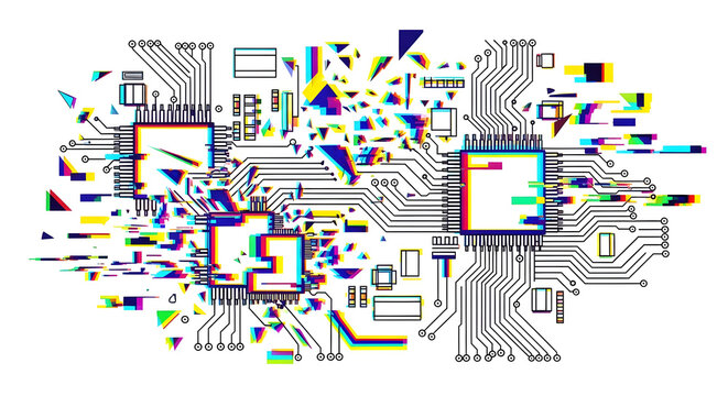 Intricate abstract digital circuit board illustration featuring multiple interconnected microchips with a modern, dynamic glitch effect, symbolizing technological complexity and data disruption - Powered by Adobe