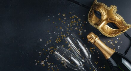 Elegant masquerade mask champagne glasses and bottle on dark surface illustration