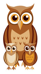 Fototapeta premium Cartoon Owl Family Illustration in Brown, Tan and Beige Tones on White