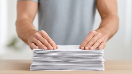 Person with strong hands organizing a stack of clean white papers on a wooden desk in a bright office environment, symbolizing productivity and order