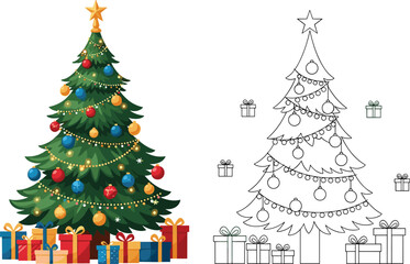 Christmas tree with decorations, colorful ornaments, festive lights, holiday gifts, star topper, outline drawing version, seasonal celebration, vector illustration