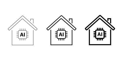 Modern vector icon set of smart home AI integration, featuring a house with AI chip inside, symbolizing advanced residential technology and futuristic living on transparent background
