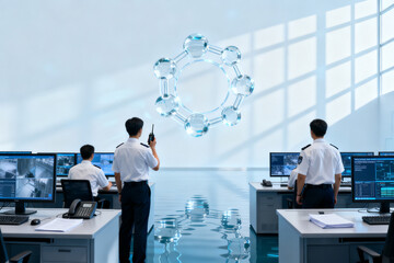Scientists analyzing a molecular structure in a high-tech laboratory with advanced computer systems and digital displays.