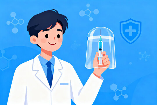 Scientist holding a syringe under a protective dome, symbolizing medical research and safety in healthcare.