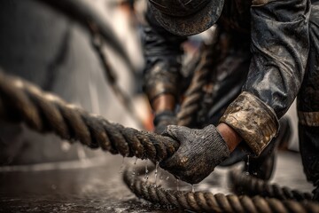 Fototapeta premium Close-up of Grimy Hands Tightly Gripping a Thick, Weathered Rope on a Nautical Vessel.