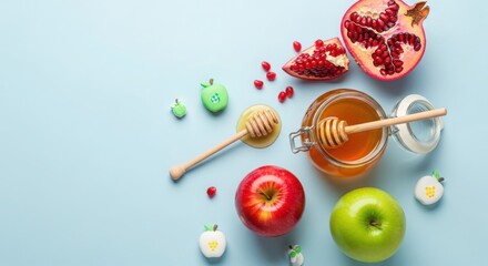 Sweet rosh hashanah symbols apples honey pomegranate dreidels festive celebration flat lay illustration