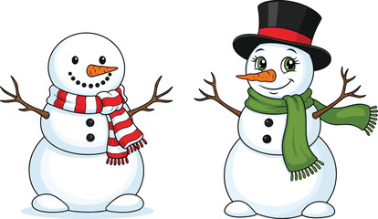 Cute snowman characters with scarf, hat, carrot nose, winter holiday design, festive cartoon illustration, Christmas decoration, seasonal celebration artwork