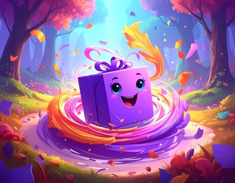 Smiling Purple Gift Box Amidst Swirling Leaf Vortex in Forest