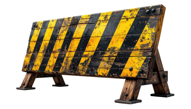 Aged wooden barricade with yellow and black warning stripes
