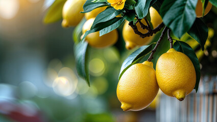 Fresh lemon fruit tree branch in organic farm plantation agriculture background