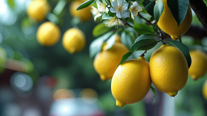 Lemon fruit growing on tree branch in sunlight organic lemon plantation