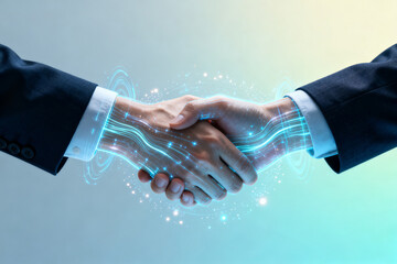 Two business professionals shaking hands with digital energy lines connecting their hands, symbolizing technological collaboration.
