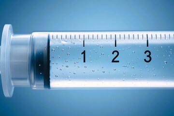 Close-up of a syringe partially filled with liquid, showing detailed measurement marks and small air bubbles against a clinical blue background.